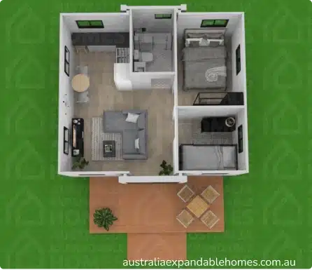 An affordable 20ft/36m2 unit option by Australia Expandable Homes, with various customisation options available.