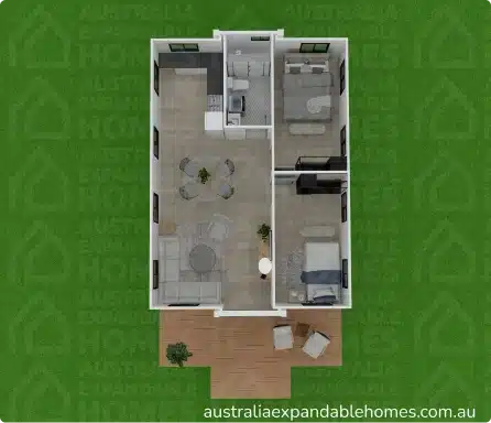 A 30ft/57m2 unit option for a modern expandable home by Australia Expendable Homes, with customisation options available.